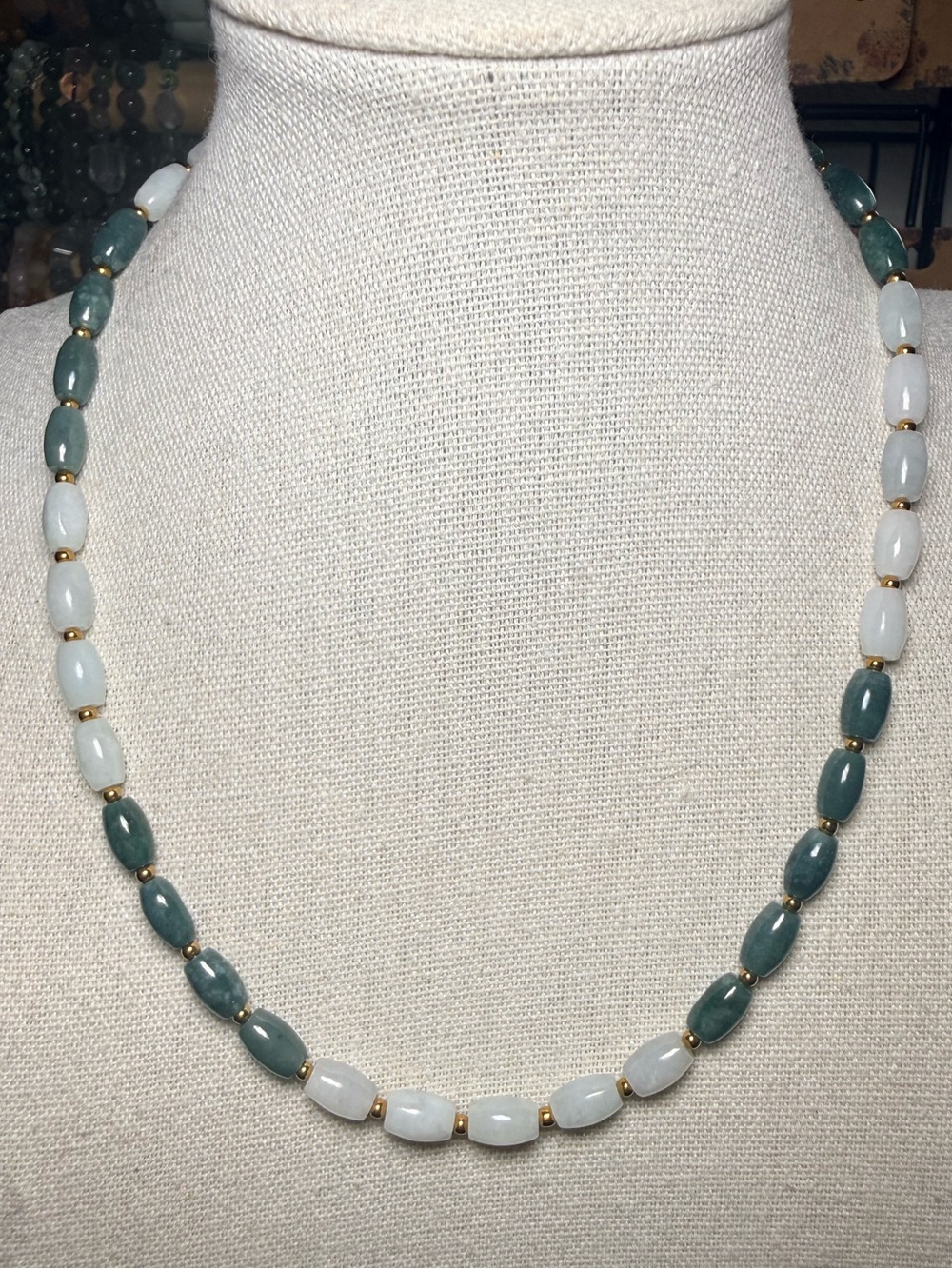 Green Jade Necklace Gold Accents 16.25”